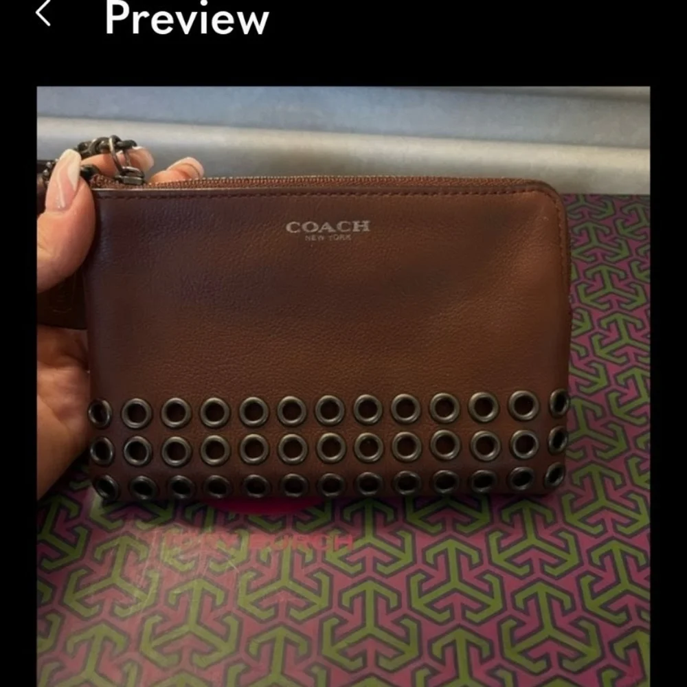 Coach Brown Leather Wristlet Zip Pouch Grommet Stud Detail Strap - Picture 5 of 5